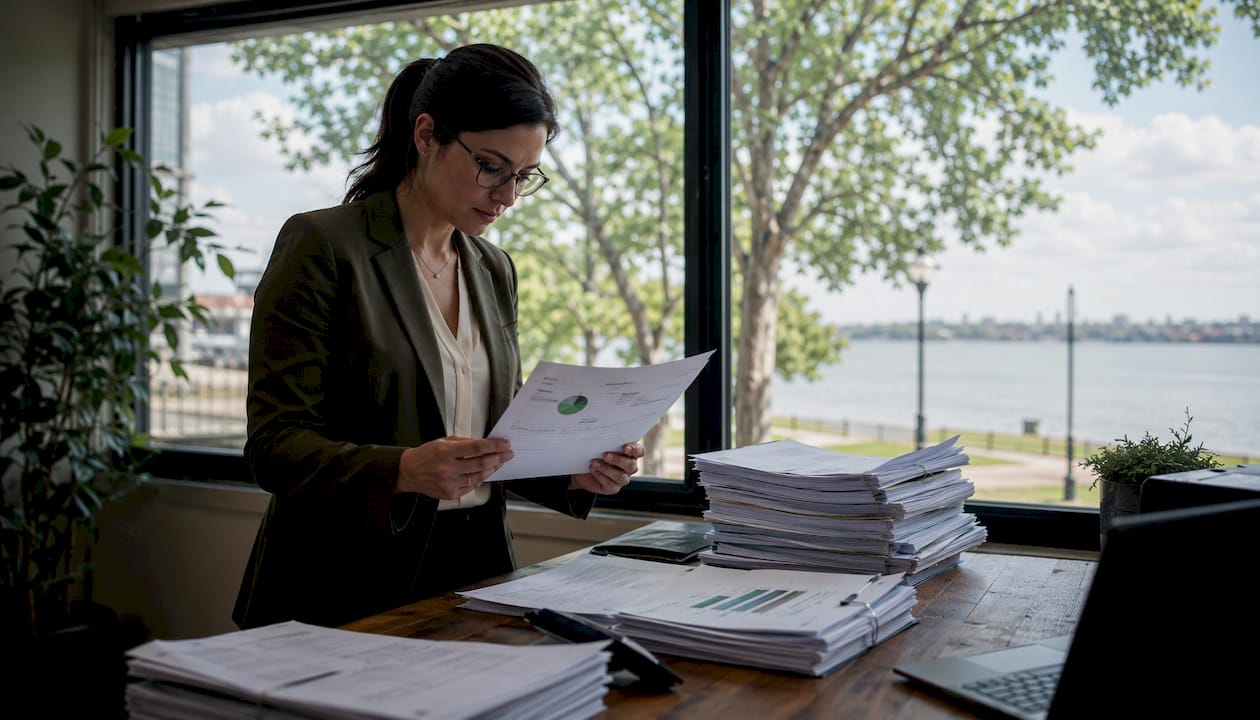 Logistics manager reviewing greenhouse gas reports