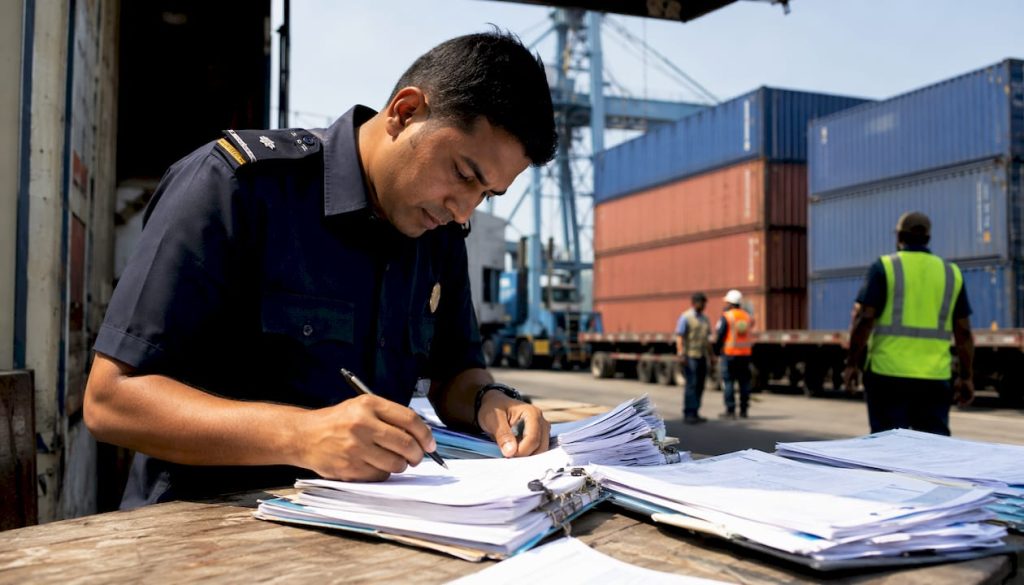 Customs entry officer reviewing import documents