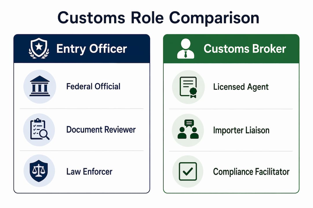 Infographic comparing customs entry officer and customs broker roles