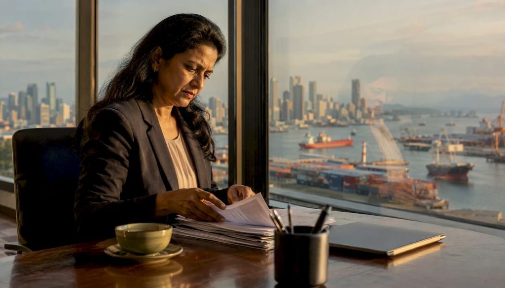 Logistics manager reviewing shipping documents in office