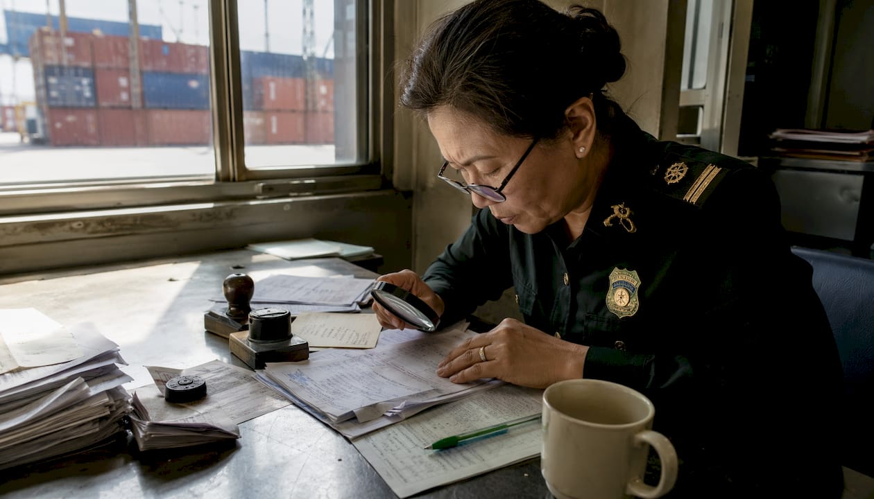 Customs officer inspecting shipment paperwork