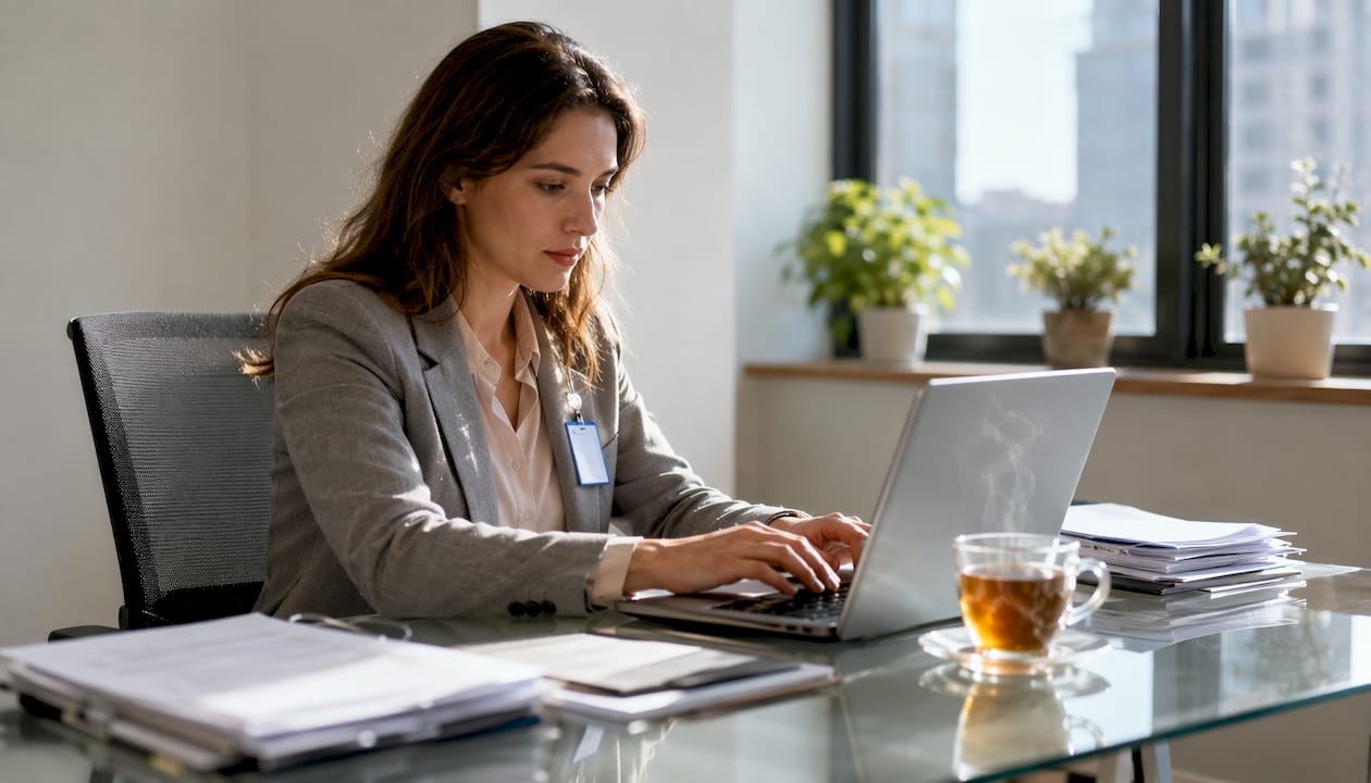 Female broker typing at modern office desk