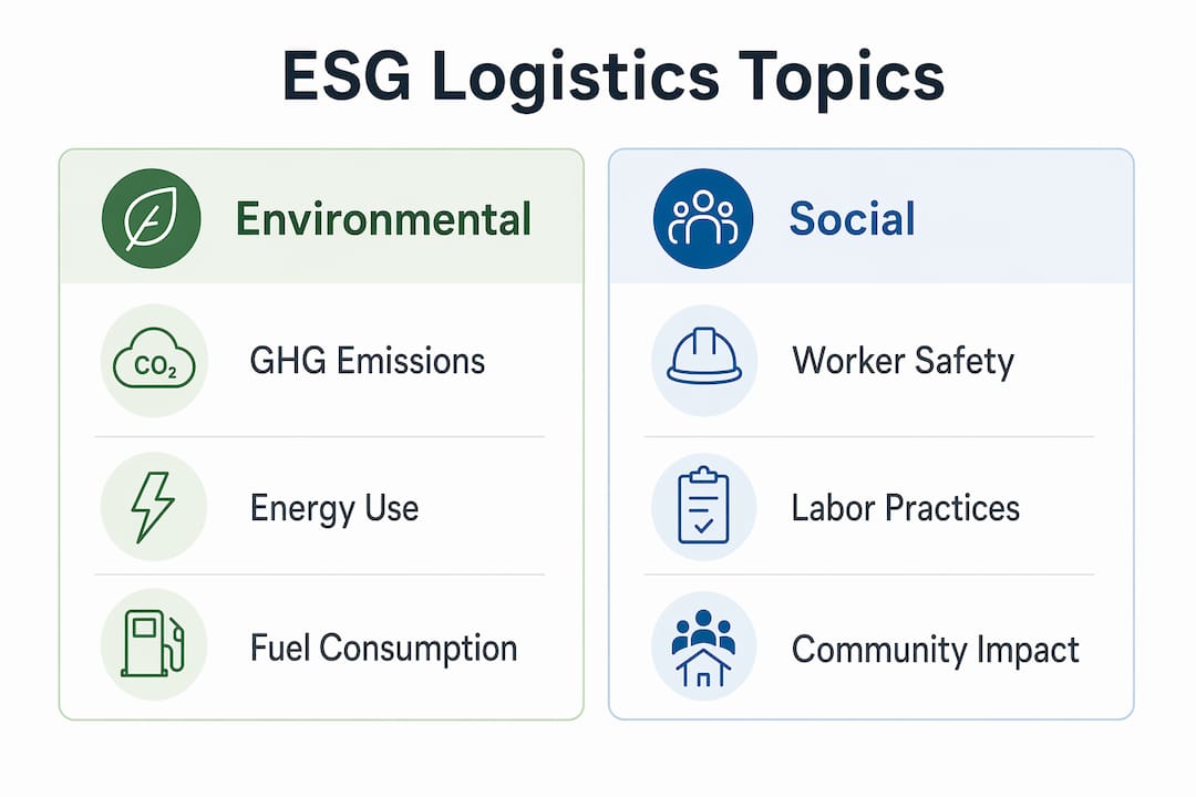 Infographic comparing Environmental and Social ESG issues in logistics