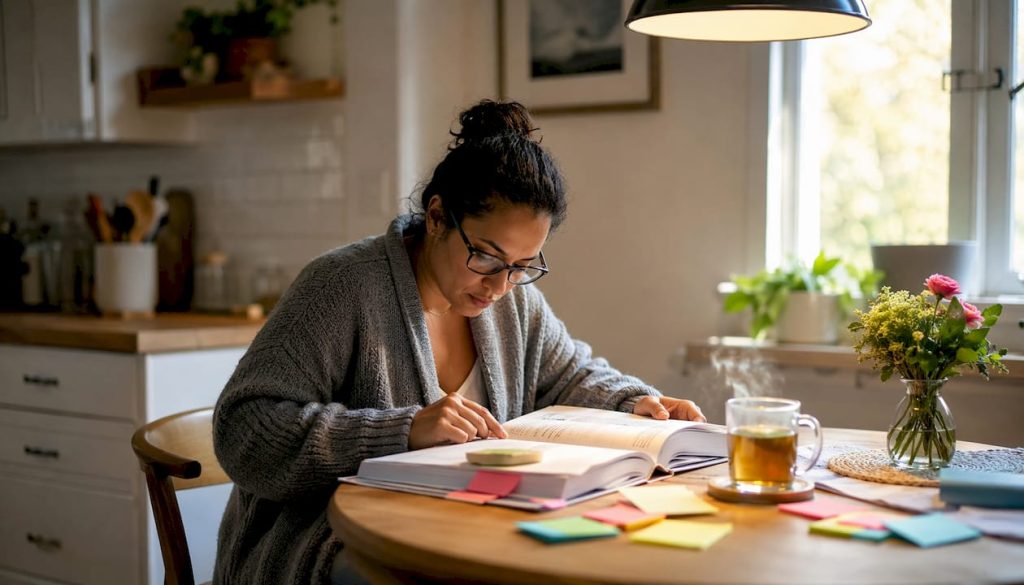 Person studying customs broker exam materials at home desk