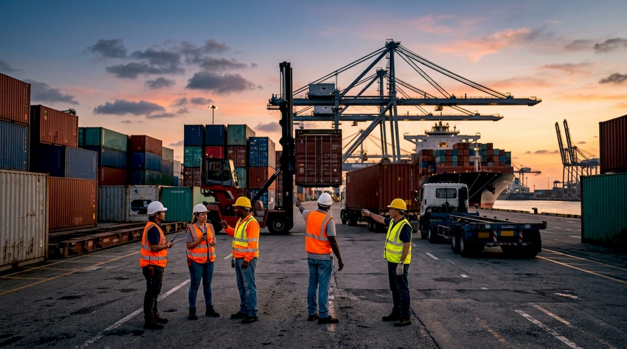 Shipping port with assorted cargo freight containers and workers