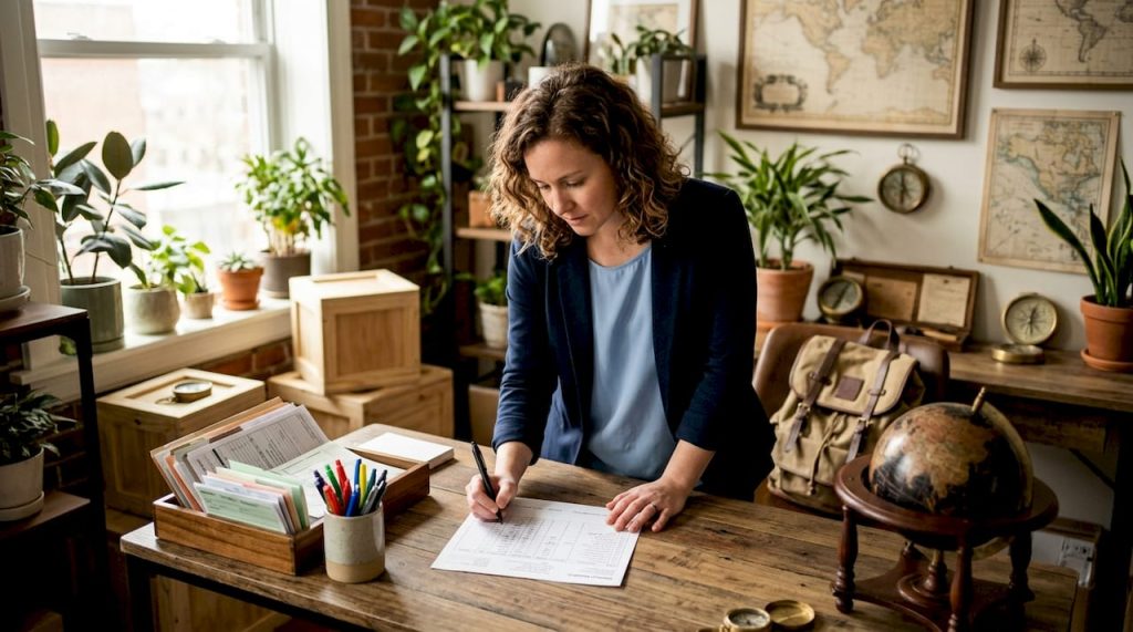 Logistics manager reviewing shipment manifest in warehouse office