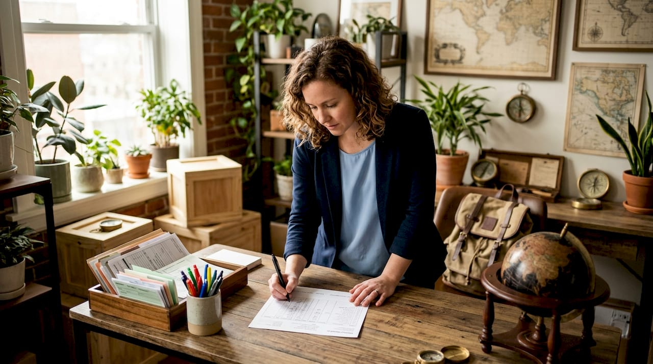 Logistics manager reviewing shipment manifest in warehouse office