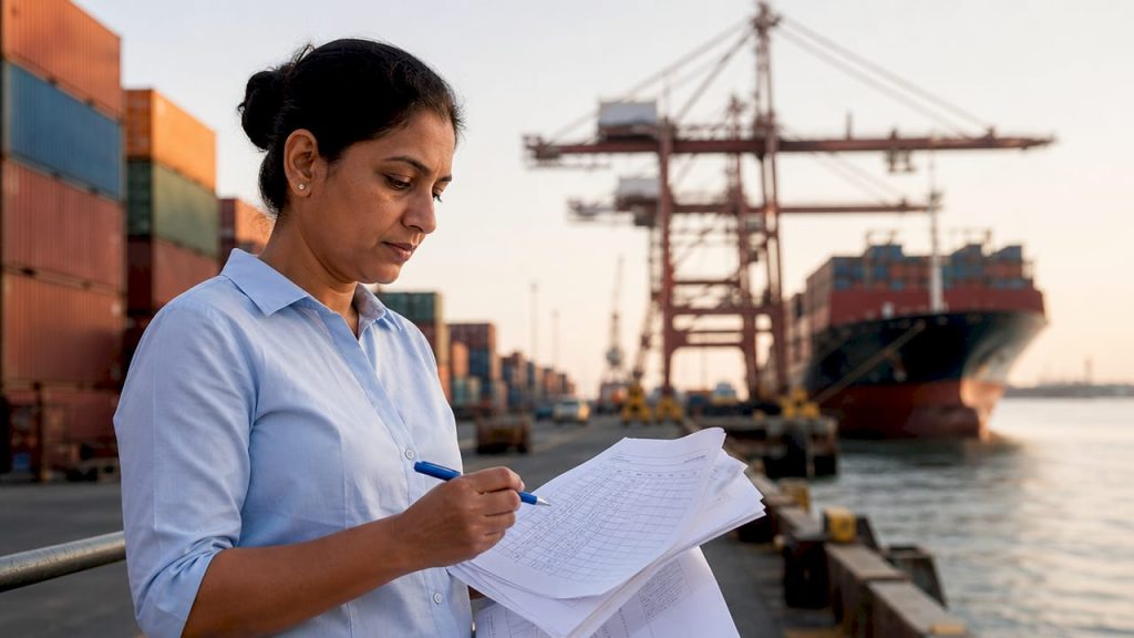 Logistic manager reviewing shipment documents in office