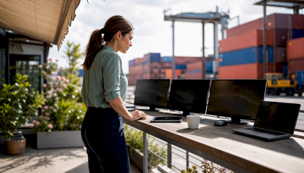 Supply chain manager monitoring AI logistics systems