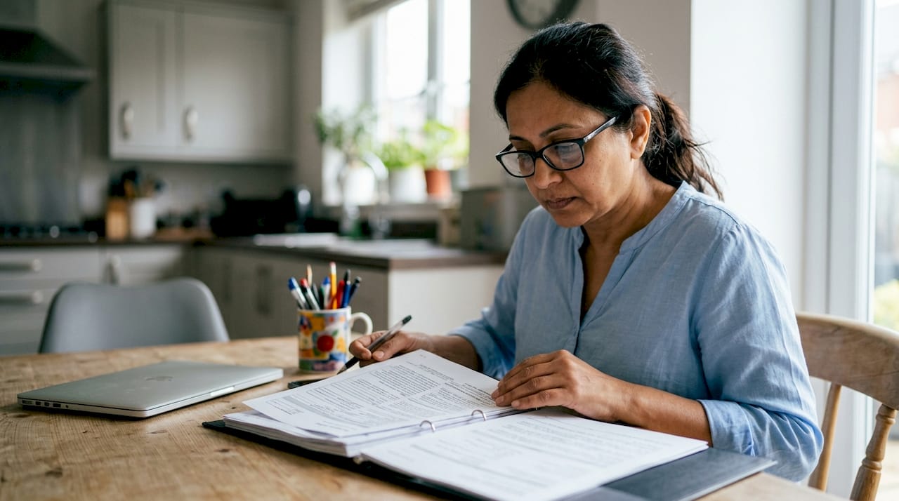 Woman reviewing customs clearance documents at desk