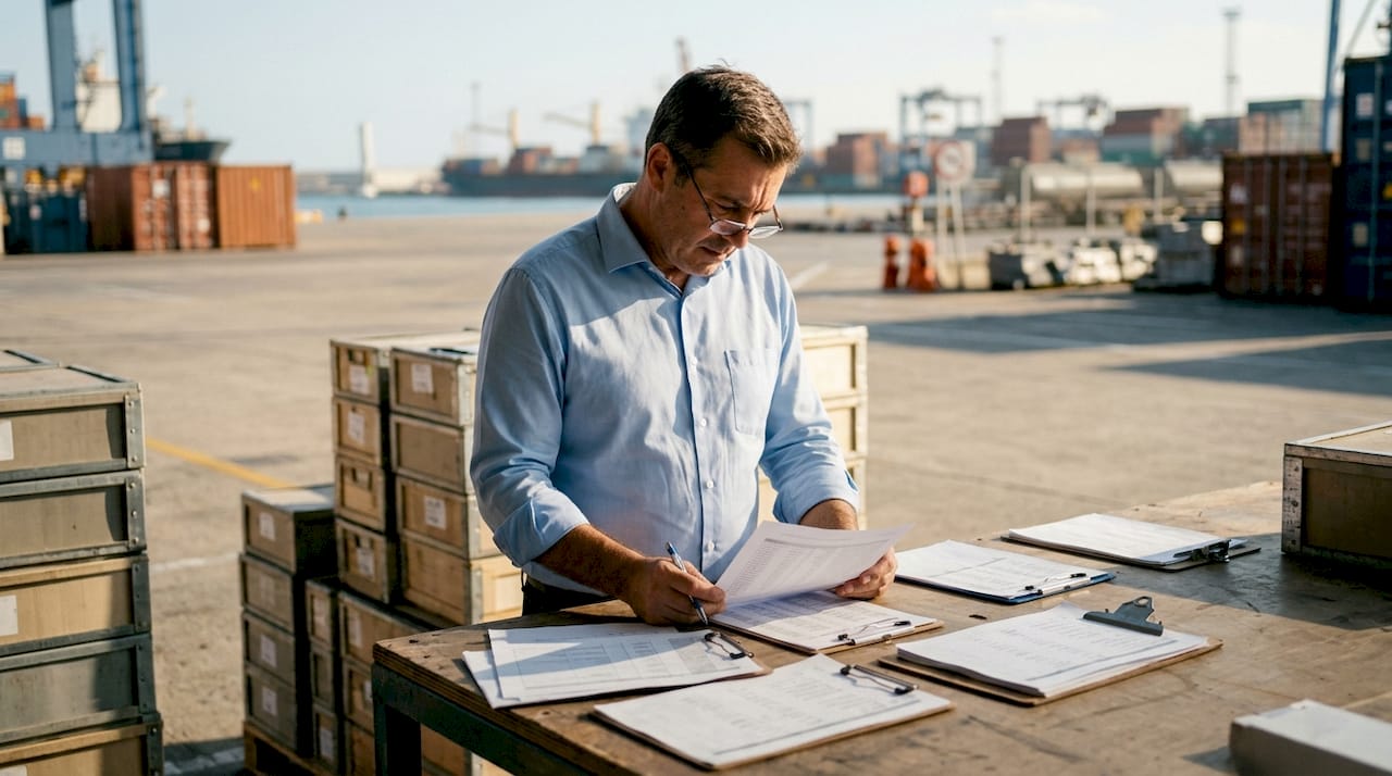 Logistics manager reviewing freight contract paperwork