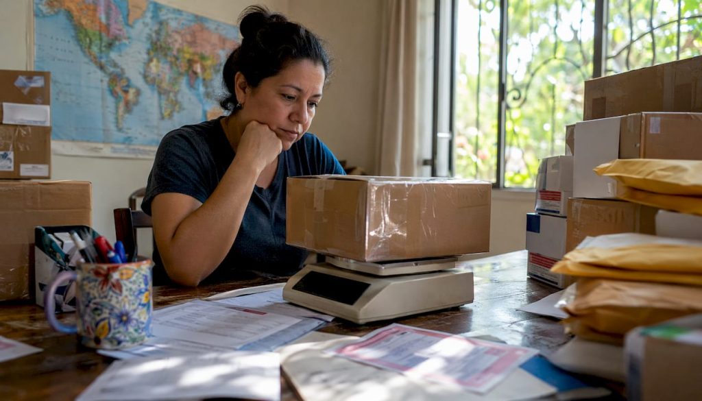 Woman weighing USPS international package at home office