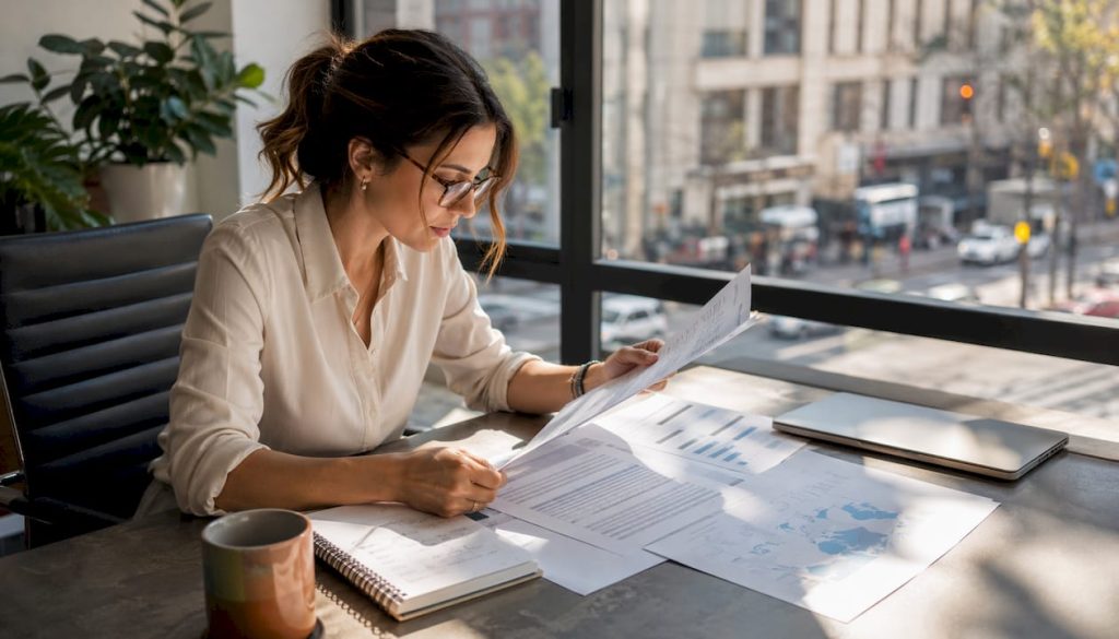 Logistics manager reviewing shipping invoices