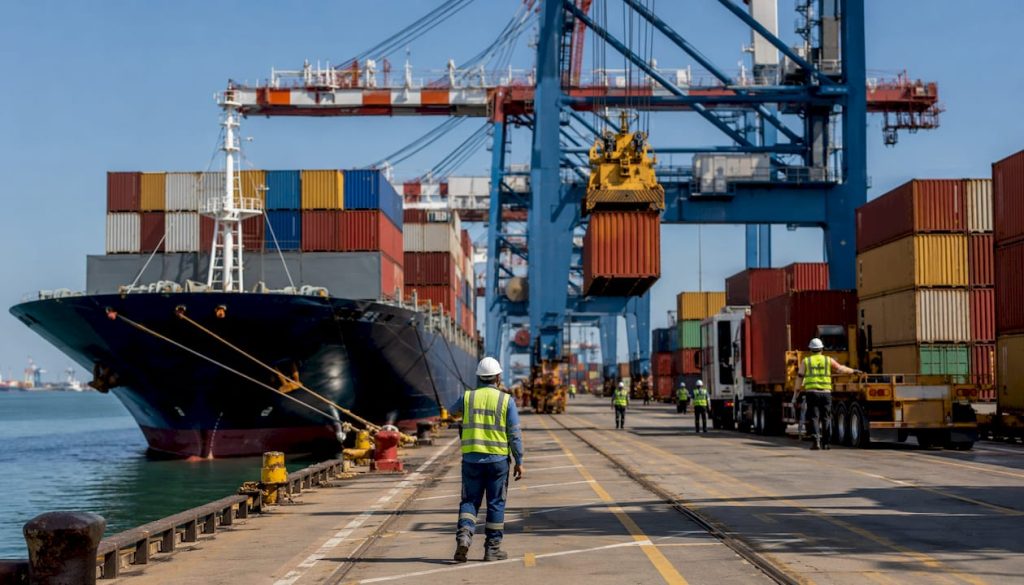 Container ship unloading at busy port