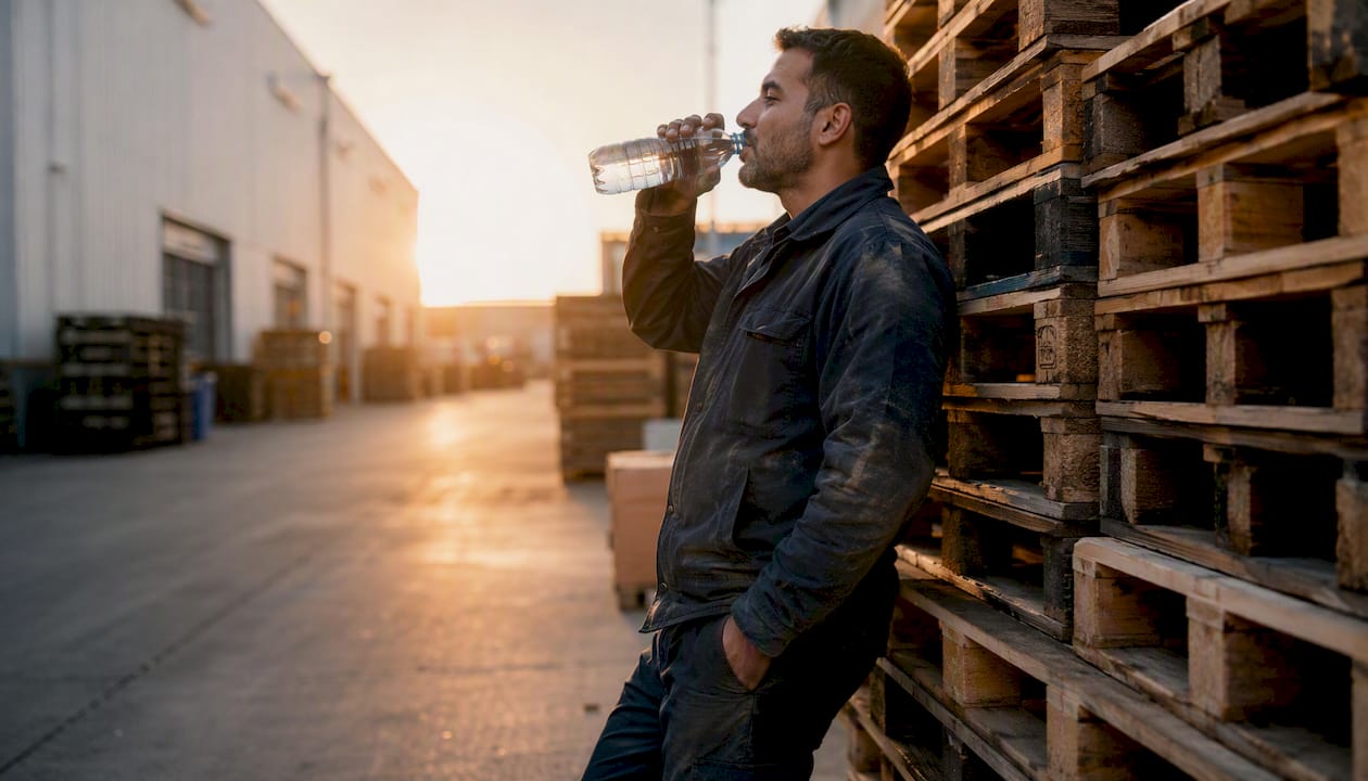 Warehouse worker resting with water bottle