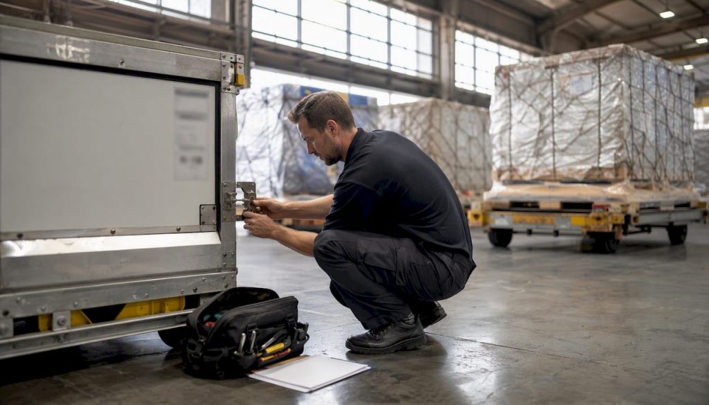 Customs broker inspecting air cargo pallet