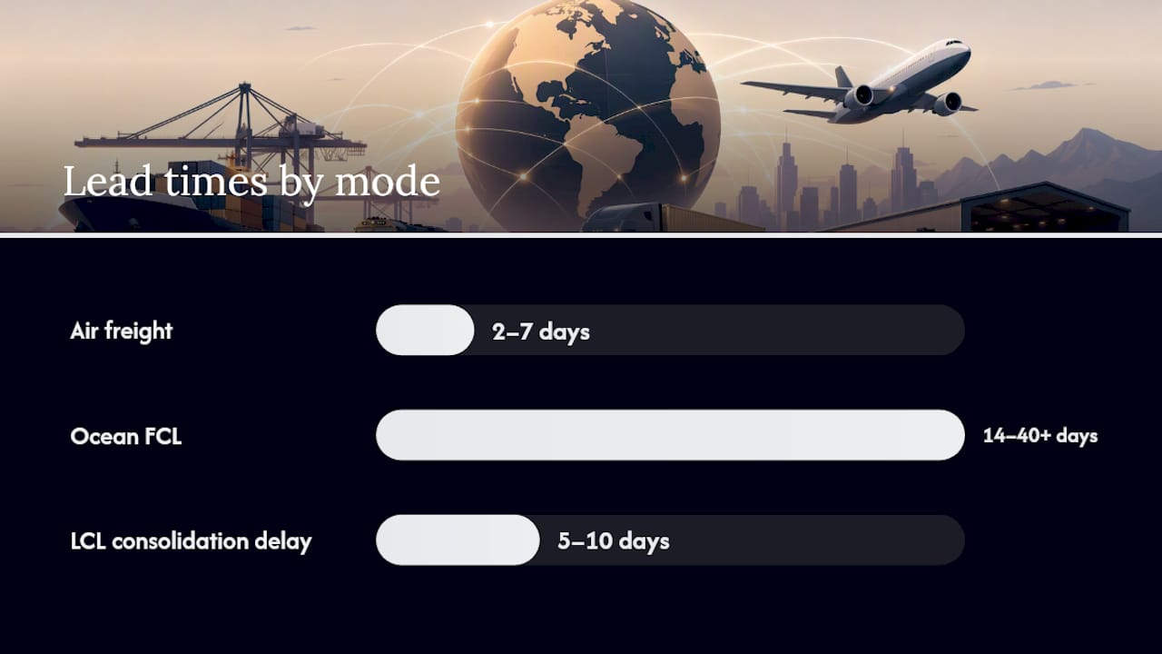 Primary cost drivers and realistic lead times by mode — overview diagram