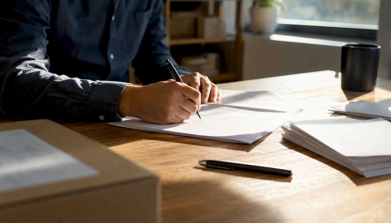 Hands annotating export invoice with NOEEI citation