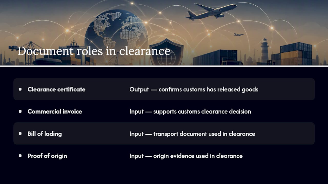 Diagram comparing customs clearance certificate and transport documents