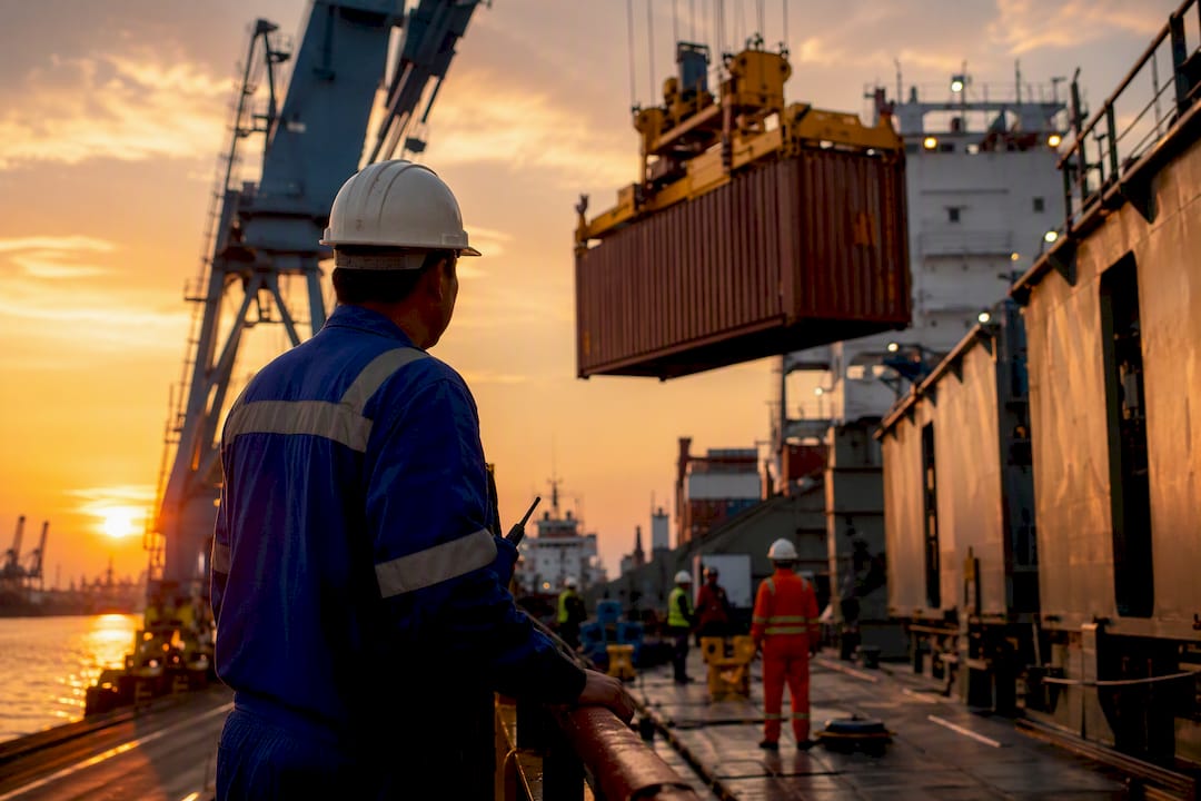 Crane loading container onto ship at port