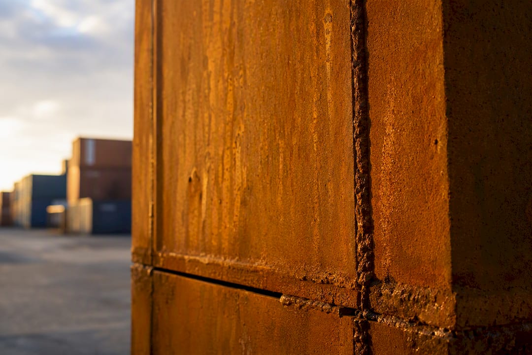 Close-up of weathered Corten steel container wall
