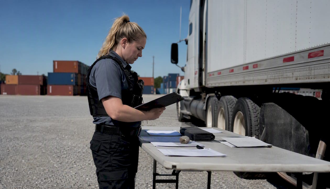 Security officer inspecting truck at loading dock
