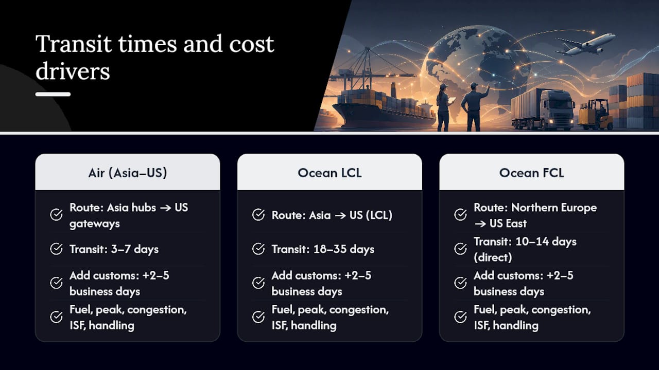 Diagram comparing transit times and cost drivers for freight lanes