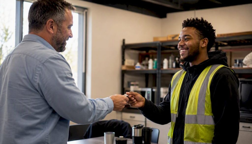 Manager giving small reward to warehouse worker