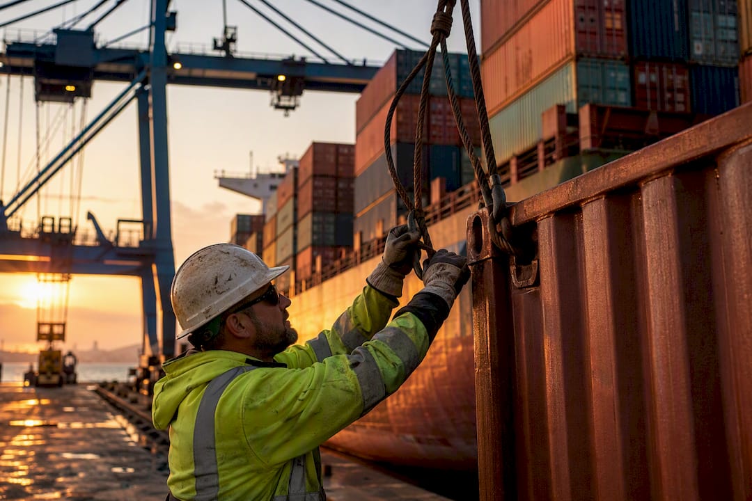 Worker loading containers on ship at dock