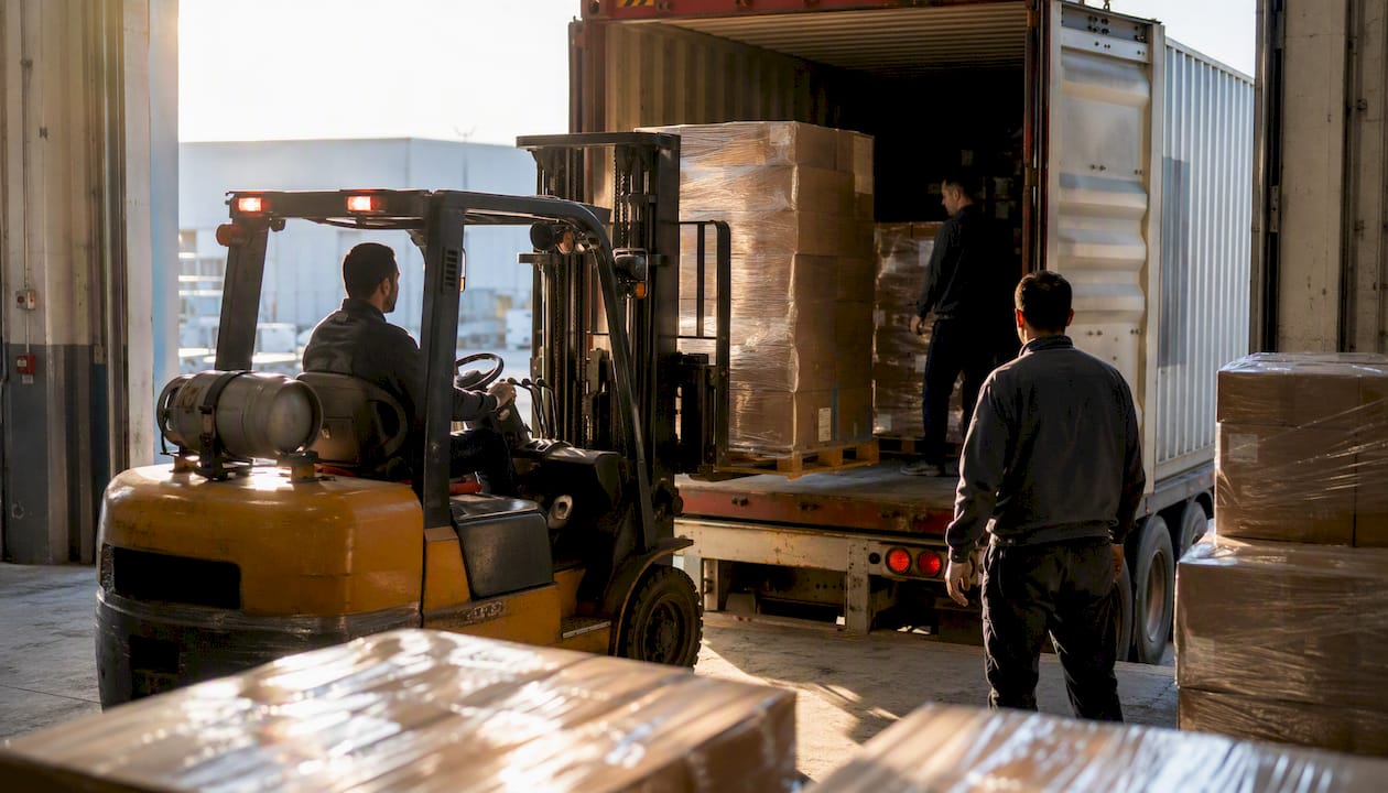 Workers loading freight into ocean container