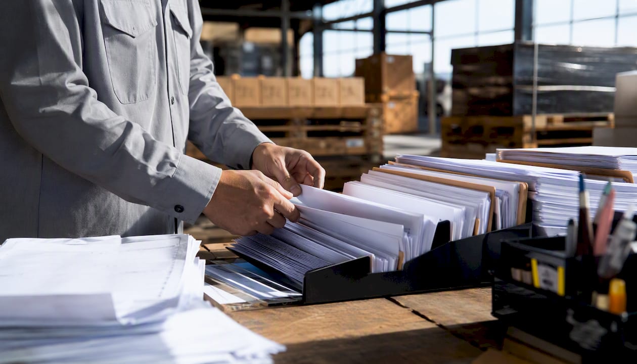 Hands sorting shipping documents on table