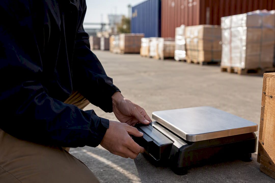 Hands adjusting warehouse scale for cargo valuation