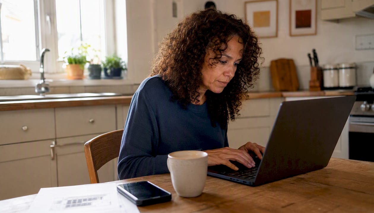 Woman entering DHL tracking number on laptop