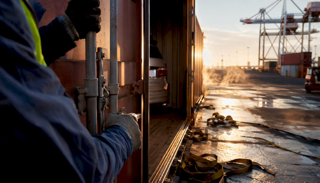 Hands securing container with vehicle inside