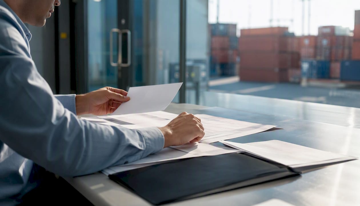 Hands organizing customs invoice documents