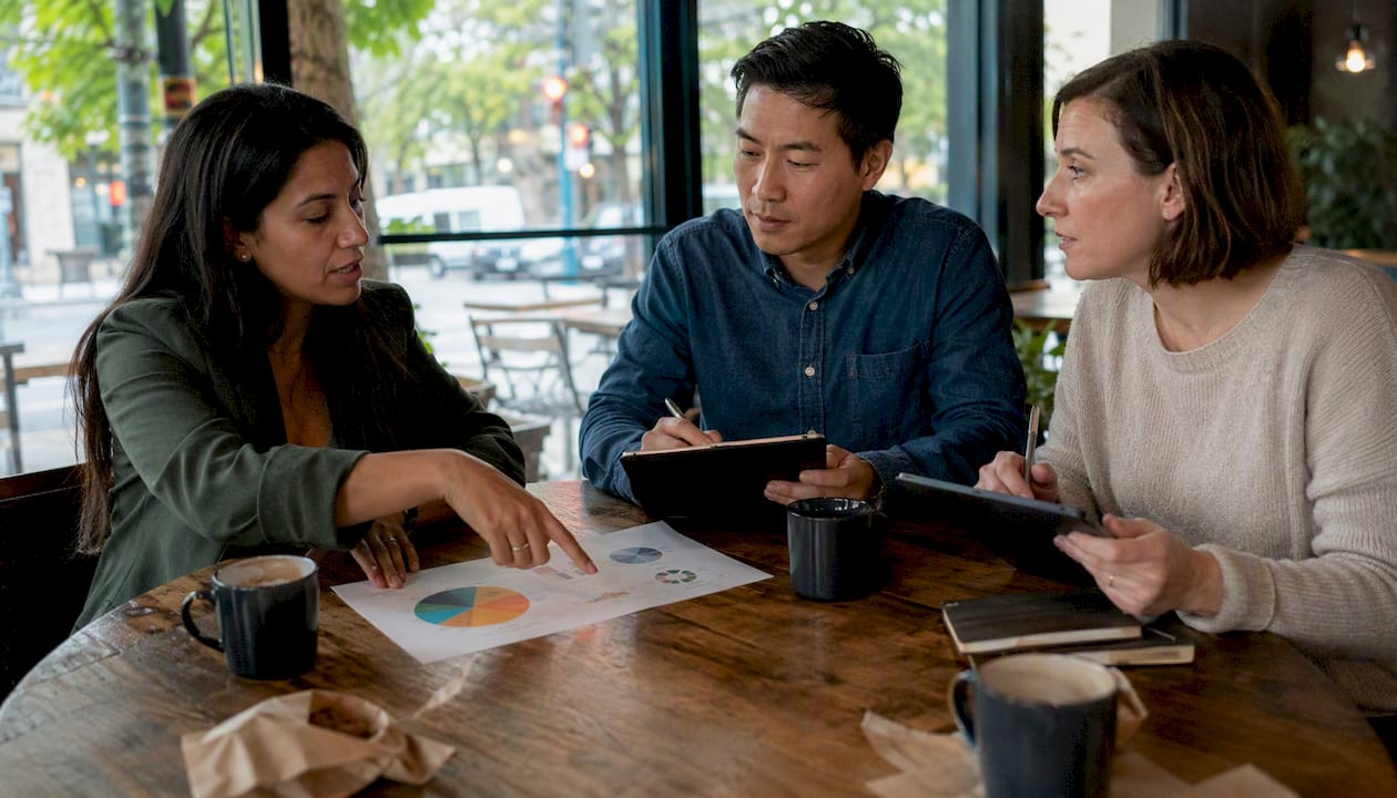 Hands discussing startup funding options documents