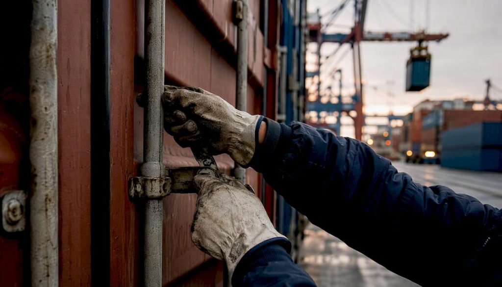 Hands securing cargo container latch