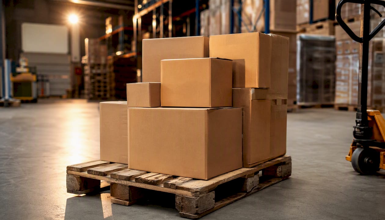 Standard shipping pallet loaded with boxes