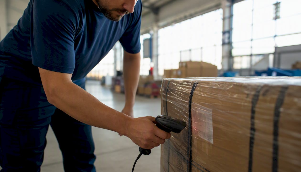 Worker scanning cargo package at airport