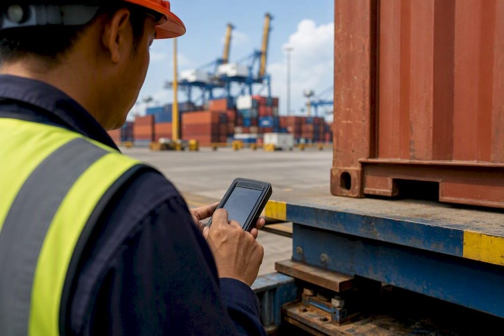 Shipping container on scale at terminal