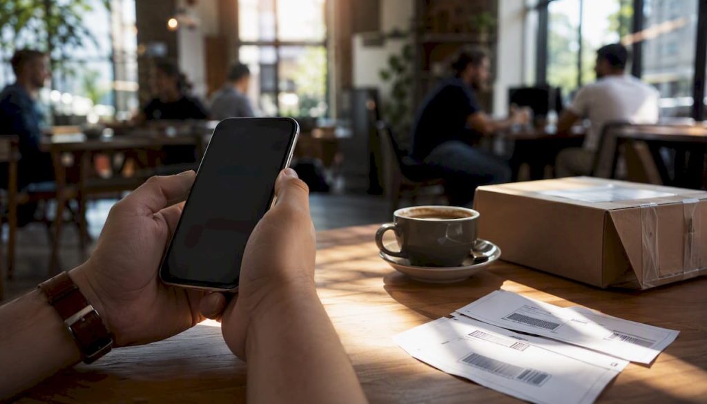 Hands holding phone with Aramex tracking site blurred