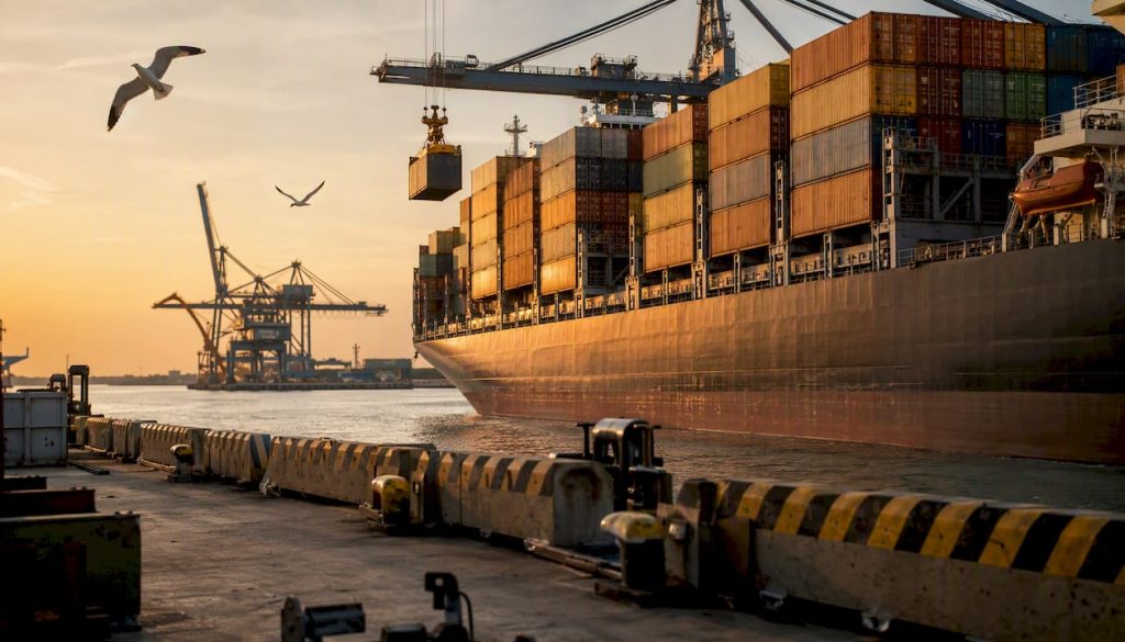 Freight containers loading on cargo ship at dock