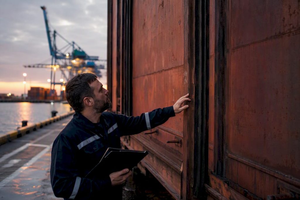 Close-up of dry container door seal at port