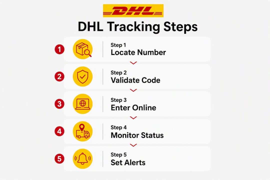 Infographic showing 5 steps to track a DHL parcel