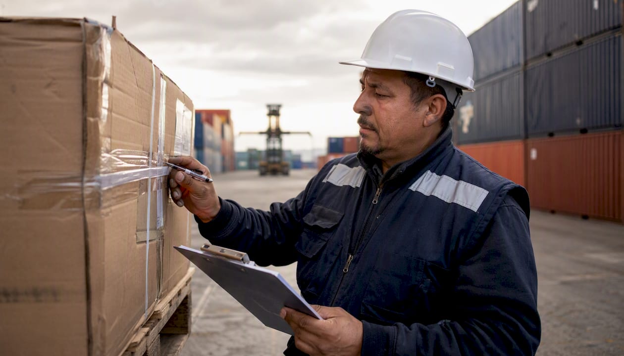 Buyer inspecting cargo crates at port