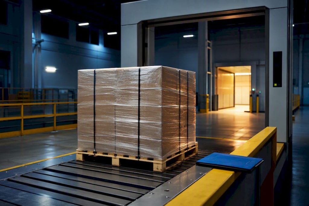 Freight pallet entering customs inspection bay