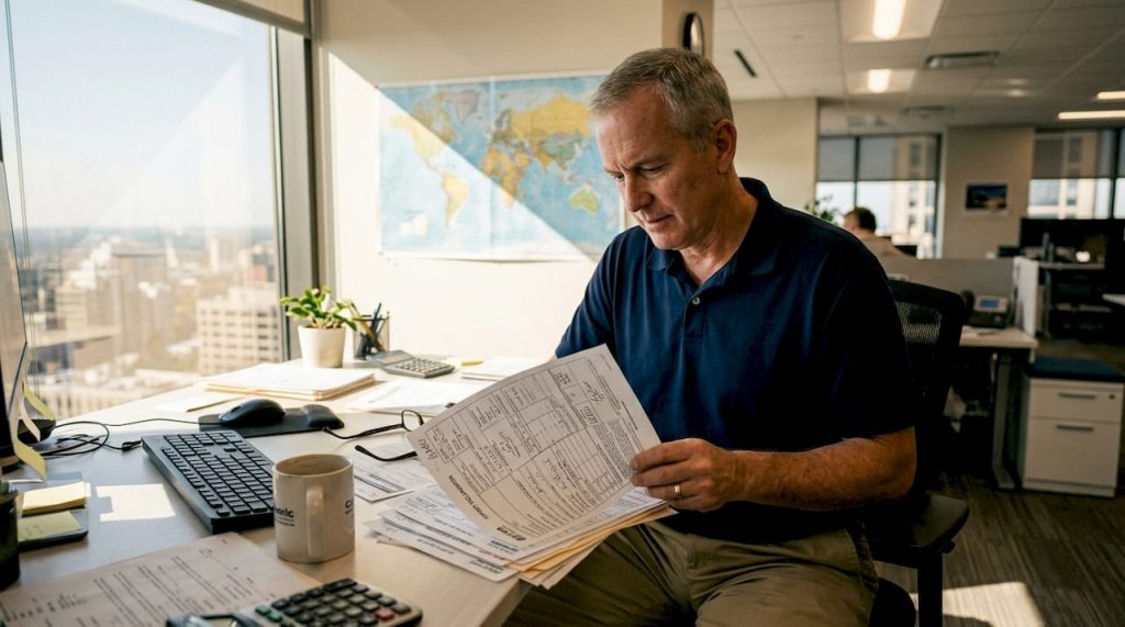 Professional reviewing export compliance documents