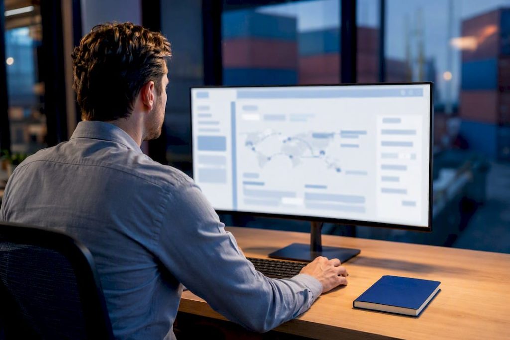 Logistics operator reviewing a shipment dashboard