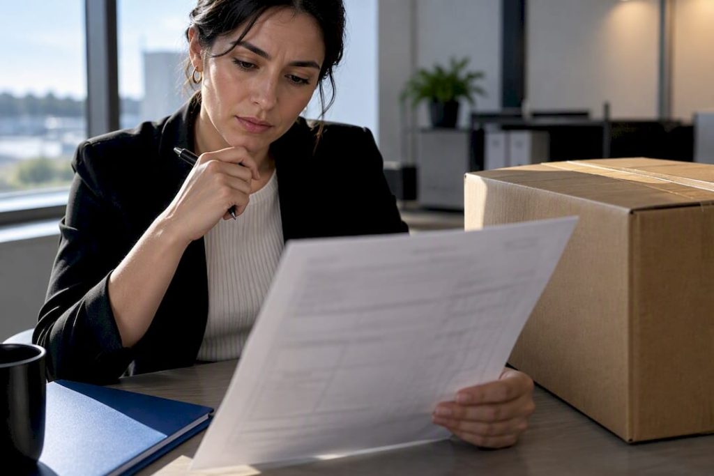 Specialist reviewing commercial invoice for shipment