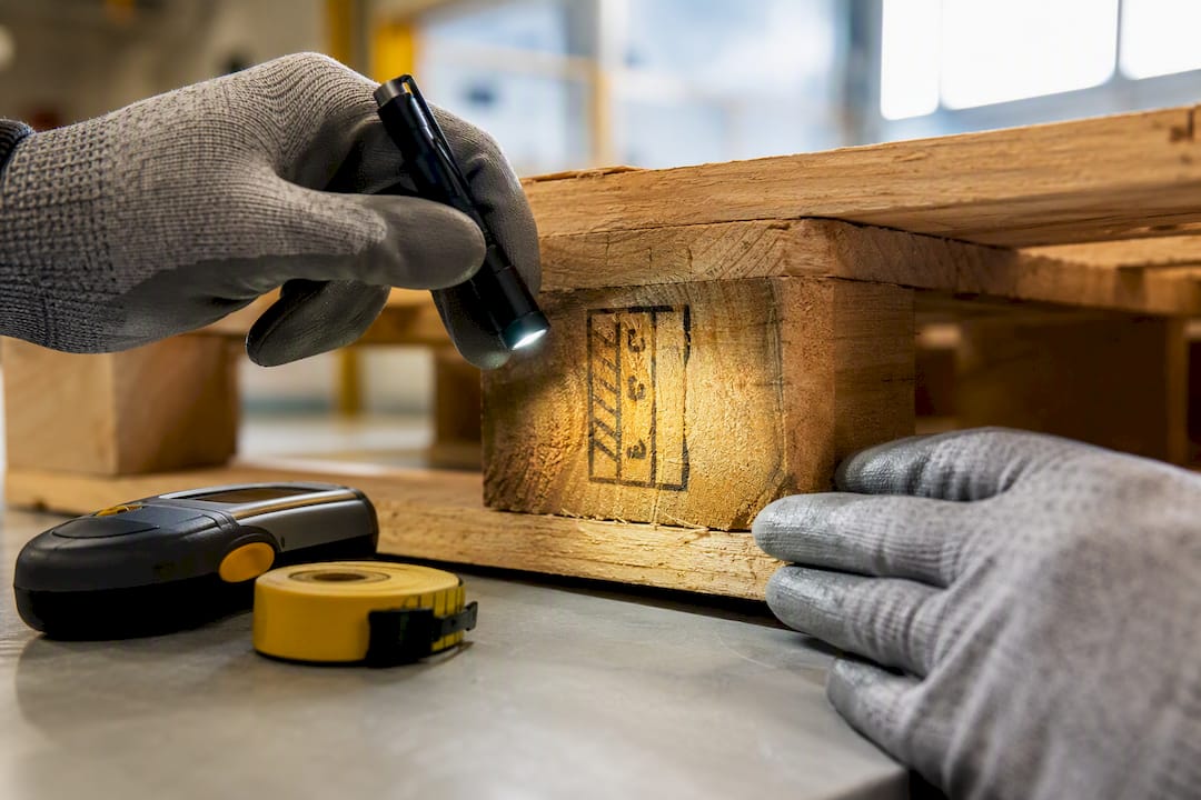 Close-up inspection of pallet certification stamp